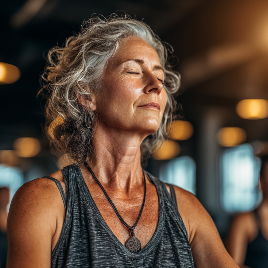Seniori practicând yoga în natură